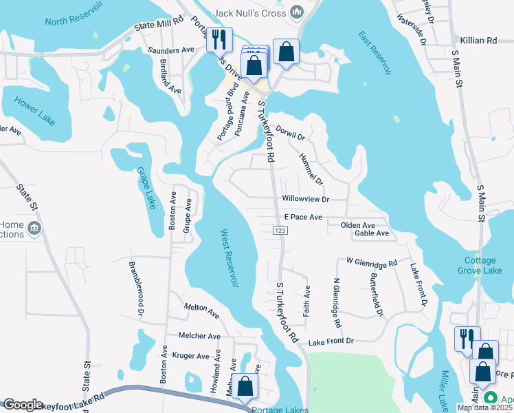 map of restaurants, bars, coffee shops, grocery stores, and more near 420 West Willowview Drive in Akron