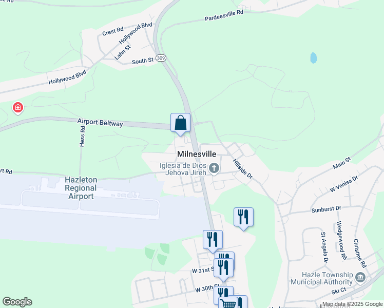 map of restaurants, bars, coffee shops, grocery stores, and more near 24 West Main Street in Milnesville