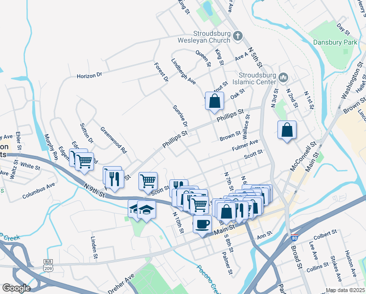 map of restaurants, bars, coffee shops, grocery stores, and more near 463 North 8th Street in Stroudsburg
