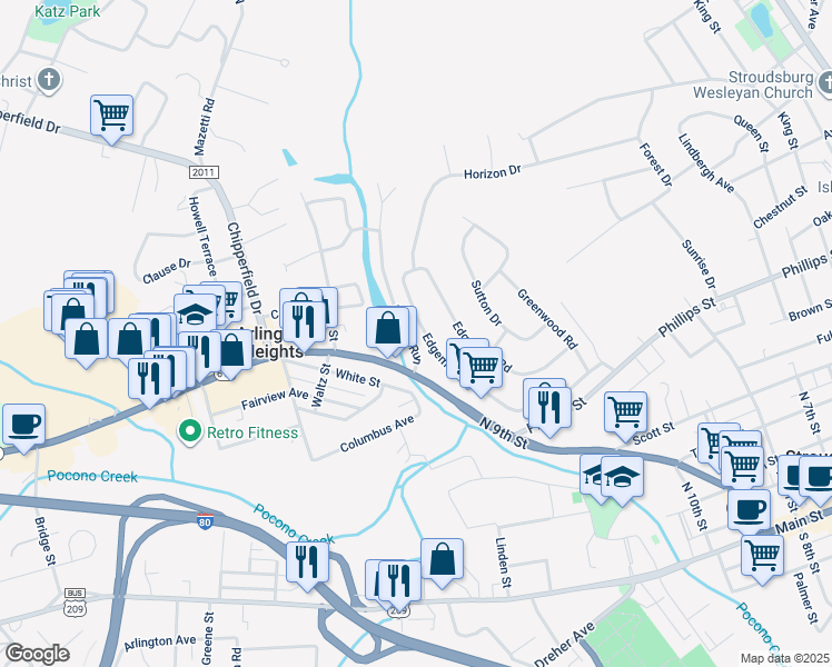 map of restaurants, bars, coffee shops, grocery stores, and more near 430 Edgemont Road in Stroudsburg