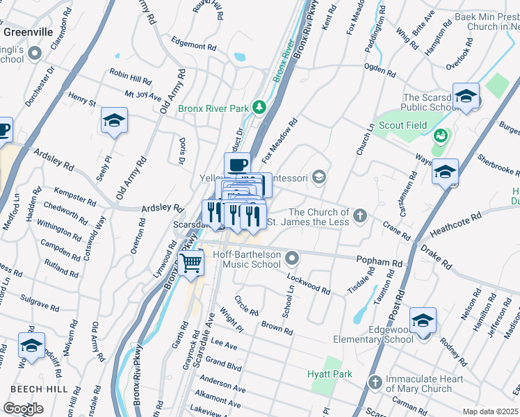 map of restaurants, bars, coffee shops, grocery stores, and more near 110 Christie Place in Scarsdale