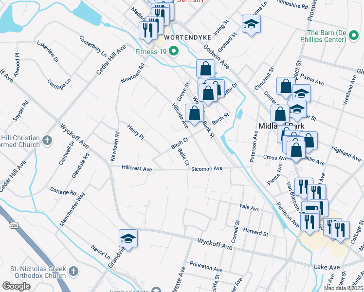 map of restaurants, bars, coffee shops, grocery stores, and more near 126 Birch Street in Midland Park