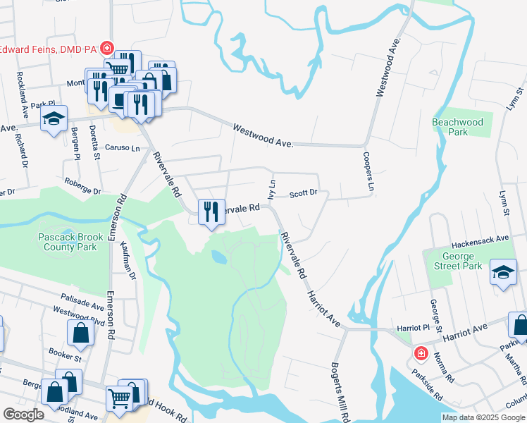 map of restaurants, bars, coffee shops, grocery stores, and more near 63 Rivervale Road in River Vale