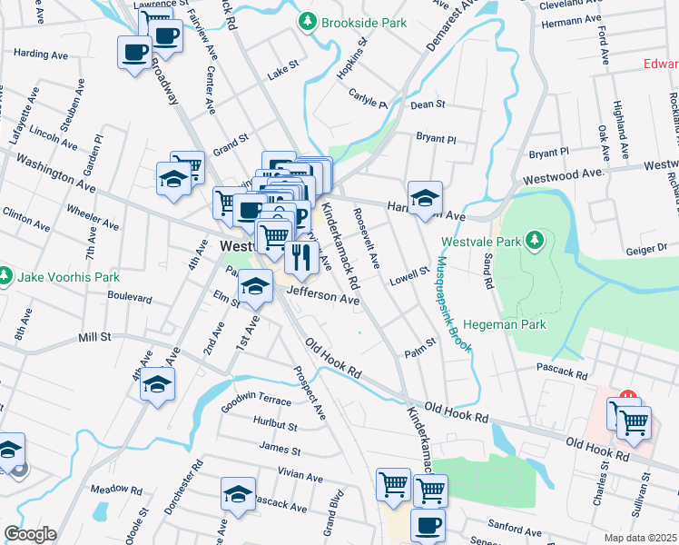 map of restaurants, bars, coffee shops, grocery stores, and more near 94 Fairview Avenue in Westwood