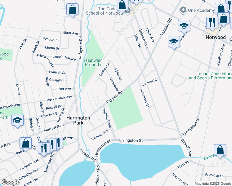 map of restaurants, bars, coffee shops, grocery stores, and more near 150 Tappan Road in Harrington Park