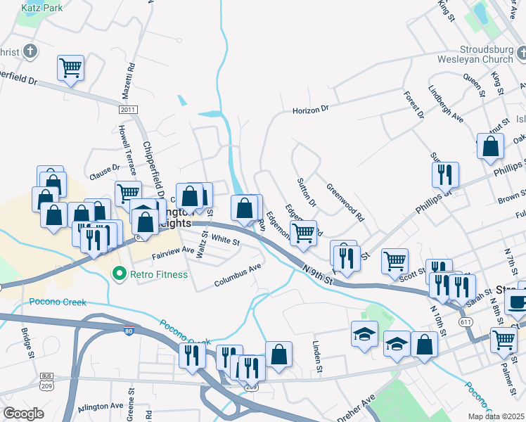 map of restaurants, bars, coffee shops, grocery stores, and more near 430 Edgemont Road in Stroudsburg