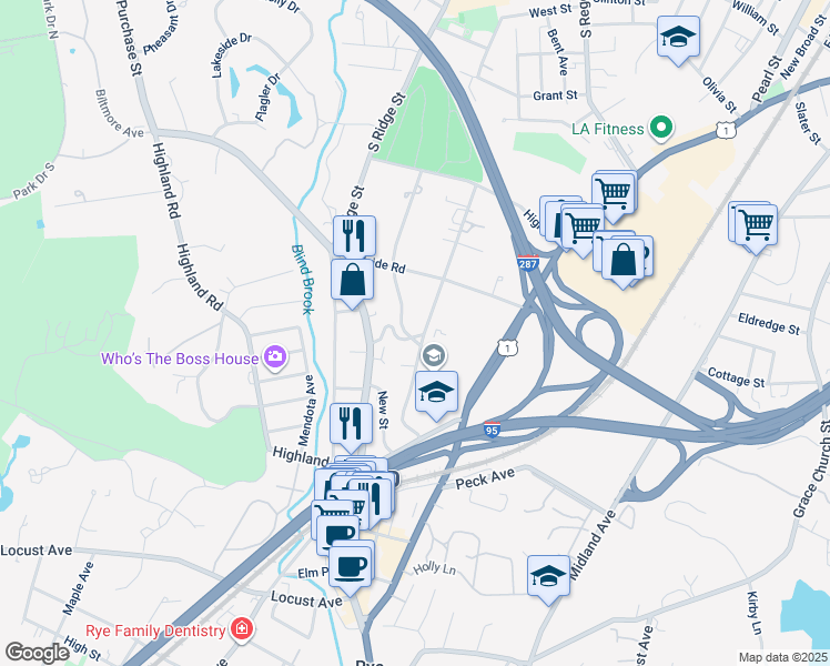 map of restaurants, bars, coffee shops, grocery stores, and more near 57 Grandview Avenue in Rye