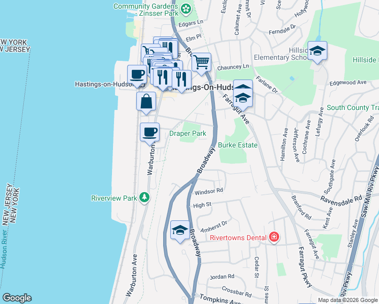 map of restaurants, bars, coffee shops, grocery stores, and more near 381 Broadway in Hastings-on-Hudson