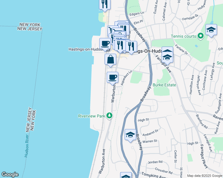 map of restaurants, bars, coffee shops, grocery stores, and more near in Hastings-on-Hudson