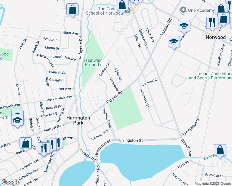 map of restaurants, bars, coffee shops, grocery stores, and more near 150 Tappan Road in Harrington Park