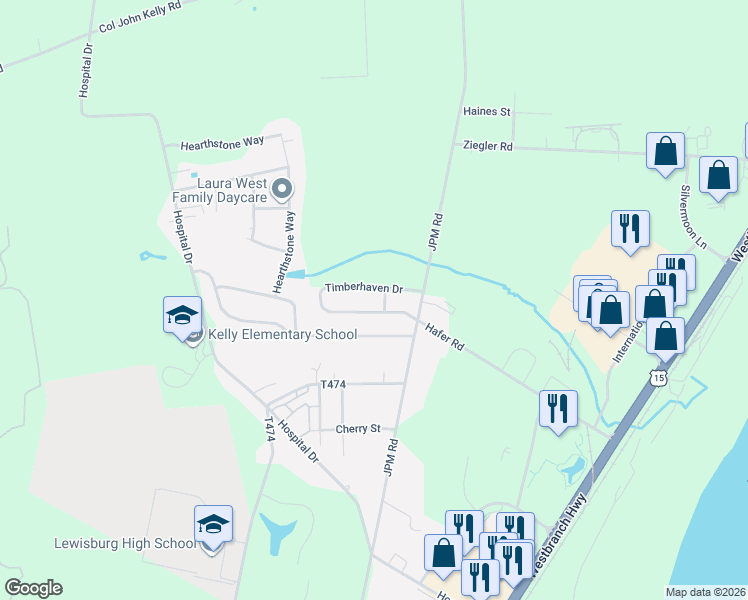 map of restaurants, bars, coffee shops, grocery stores, and more near 228 Timberhaven Drive in Lewisburg