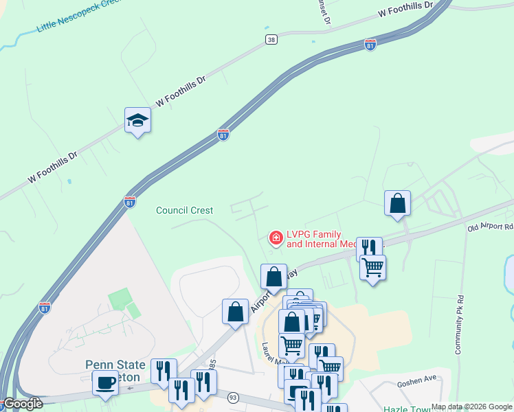 map of restaurants, bars, coffee shops, grocery stores, and more near Thomas Lane in Hazleton