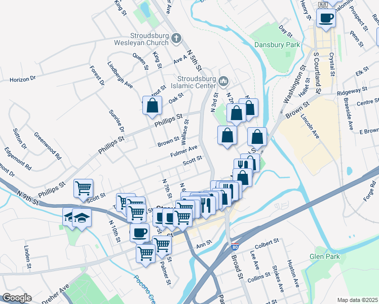 map of restaurants, bars, coffee shops, grocery stores, and more near 310 Wallace Street in Stroudsburg