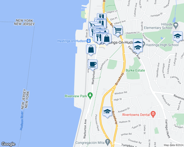 map of restaurants, bars, coffee shops, grocery stores, and more near 411 Warburton Avenue in Hastings-on-Hudson