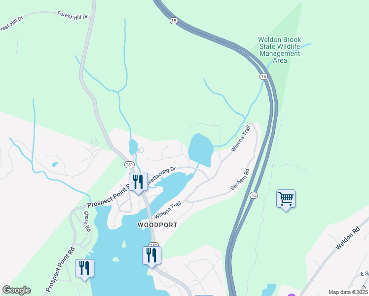 map of restaurants, bars, coffee shops, grocery stores, and more near 6 Tomahawk Trail in Jefferson