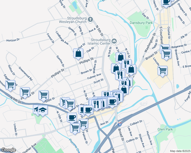 map of restaurants, bars, coffee shops, grocery stores, and more near 312 Wallace Street in Stroudsburg
