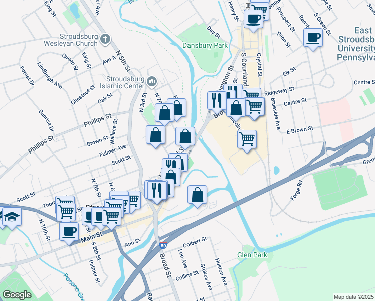 map of restaurants, bars, coffee shops, grocery stores, and more near 202 Main Street in Stroudsburg