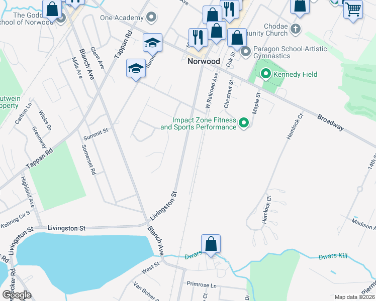 map of restaurants, bars, coffee shops, grocery stores, and more near 236 Livingston Street in Norwood