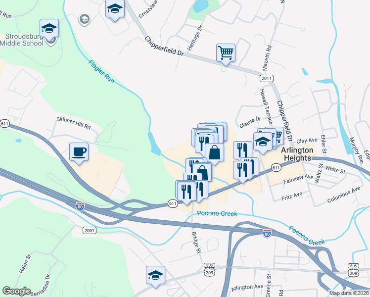 map of restaurants, bars, coffee shops, grocery stores, and more near 448 Stroud Mall Road in Stroudsburg