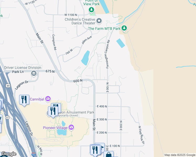 map of restaurants, bars, coffee shops, grocery stores, and more near 613 North 40 East in Farmington