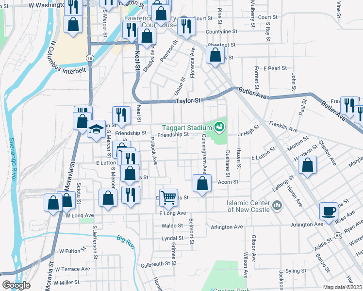map of restaurants, bars, coffee shops, grocery stores, and more near 503 Uber Street in New Castle