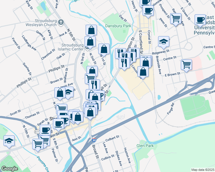 map of restaurants, bars, coffee shops, grocery stores, and more near 202 Main Street in Stroudsburg