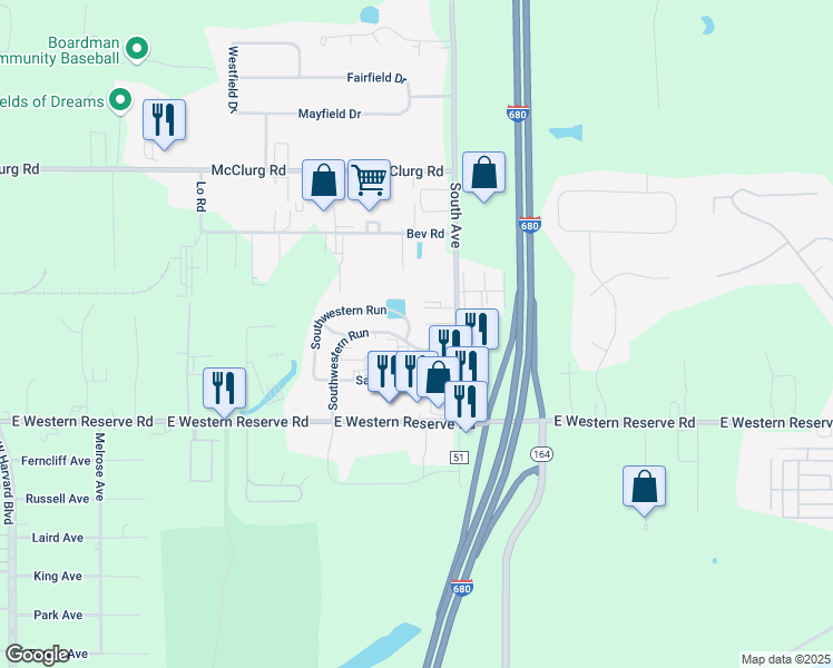 map of restaurants, bars, coffee shops, grocery stores, and more near 84 Southwestern Run in Youngstown