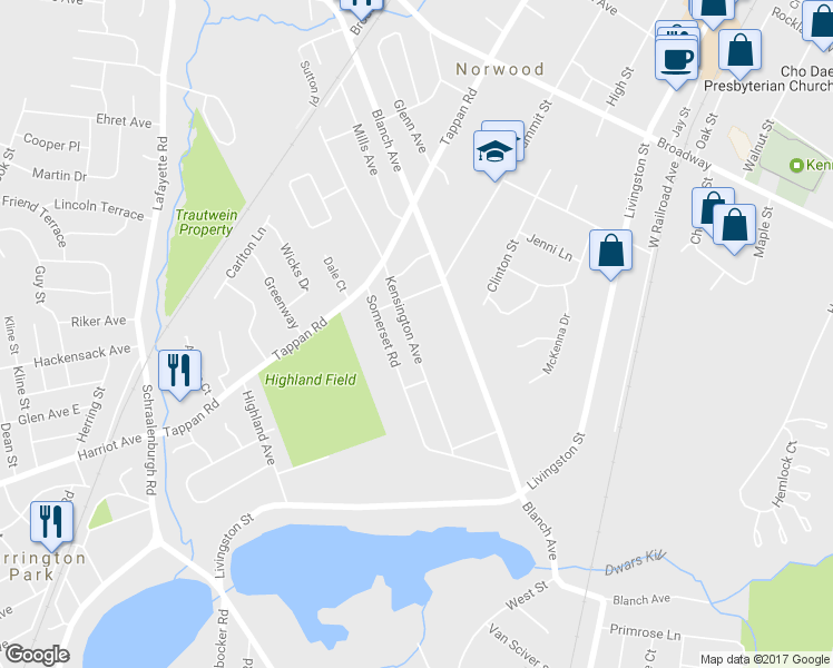 map of restaurants, bars, coffee shops, grocery stores, and more near 107 Kensington Avenue in Norwood