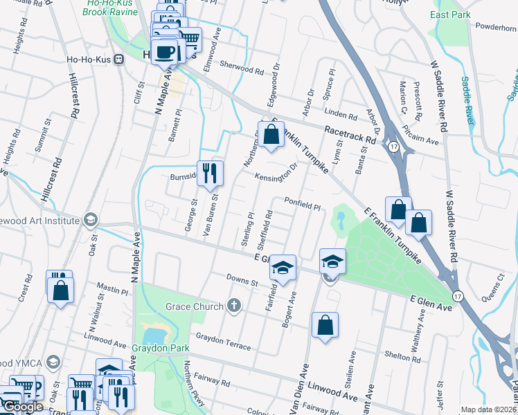 map of restaurants, bars, coffee shops, grocery stores, and more near 463 Sterling Place in Ridgewood