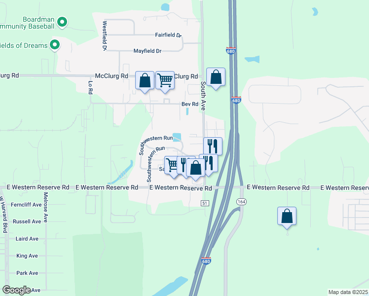 map of restaurants, bars, coffee shops, grocery stores, and more near 84 Southwestern Run in Youngstown