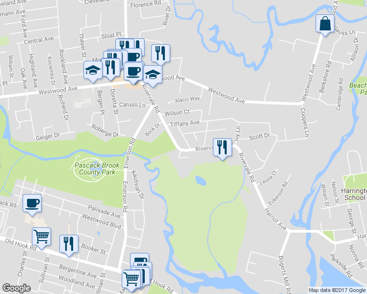 map of restaurants, bars, coffee shops, grocery stores, and more near 114 Rivervale Road in River Vale