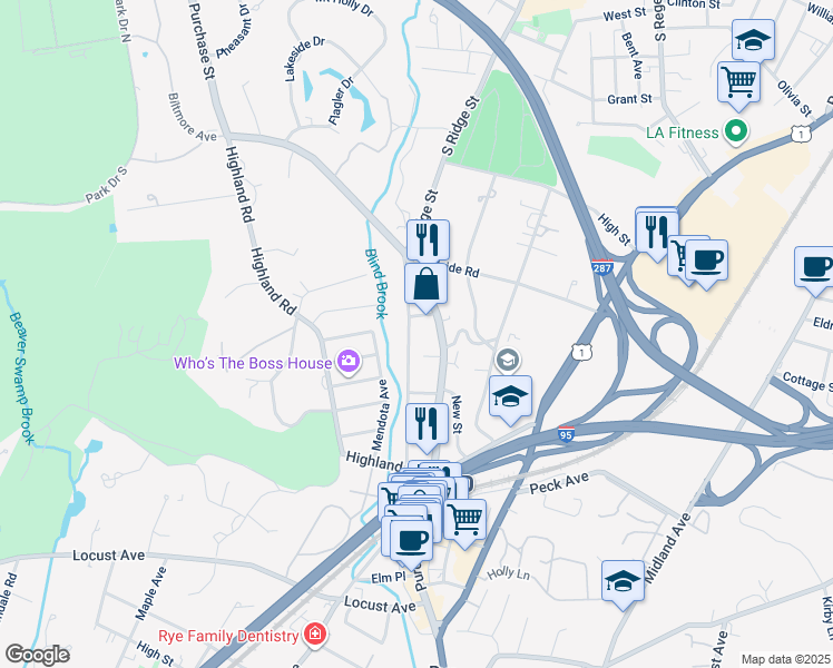 map of restaurants, bars, coffee shops, grocery stores, and more near 110 Wappanocca Avenue in Rye