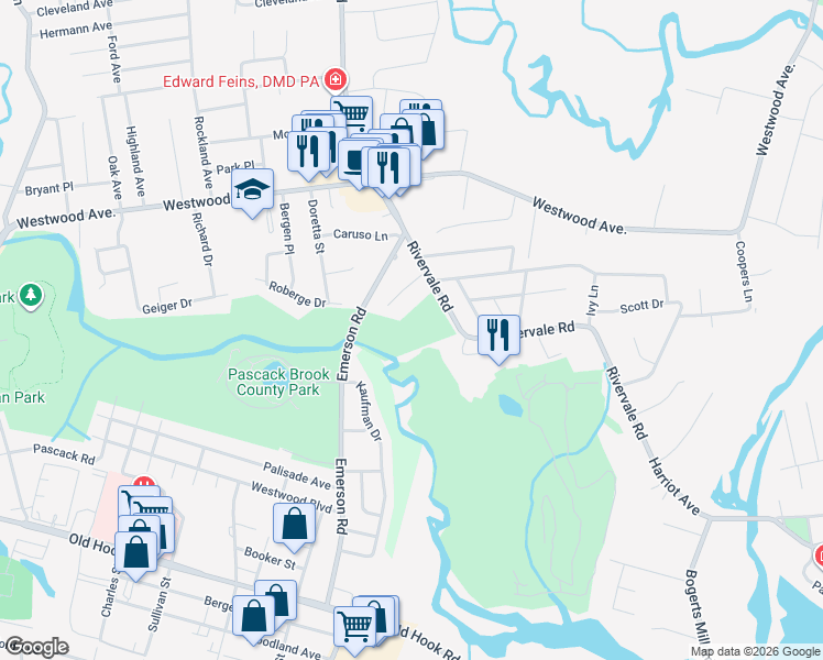 map of restaurants, bars, coffee shops, grocery stores, and more near 135 Rivervale Road in River Vale