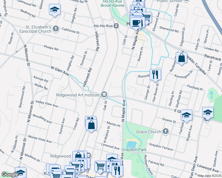 map of restaurants, bars, coffee shops, grocery stores, and more near 34 Bryden Place in Ridgewood