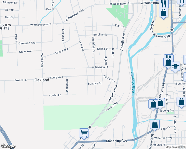 map of restaurants, bars, coffee shops, grocery stores, and more near 1306 Sunny Avenue in New Castle