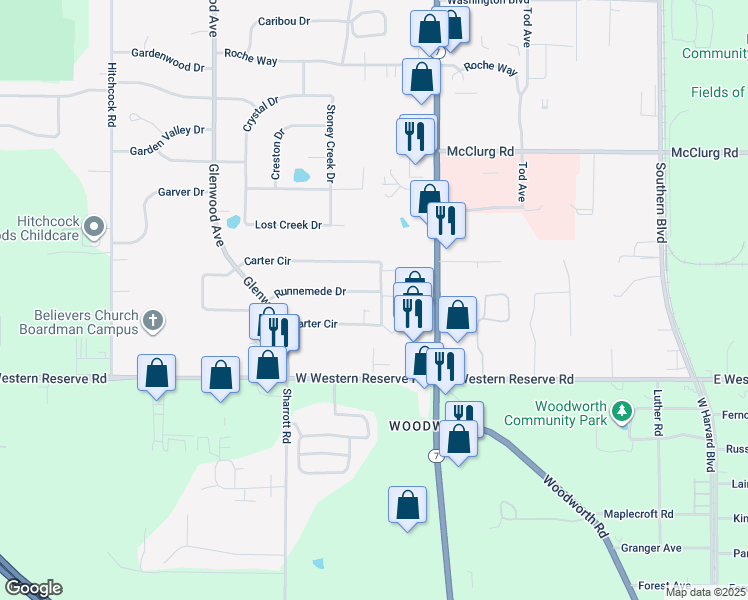 map of restaurants, bars, coffee shops, grocery stores, and more near 125 Runnemede Drive in Youngstown