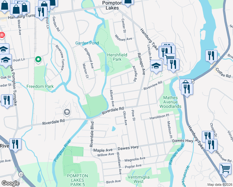 map of restaurants, bars, coffee shops, grocery stores, and more near 521 Riverview Road in Pompton Lakes