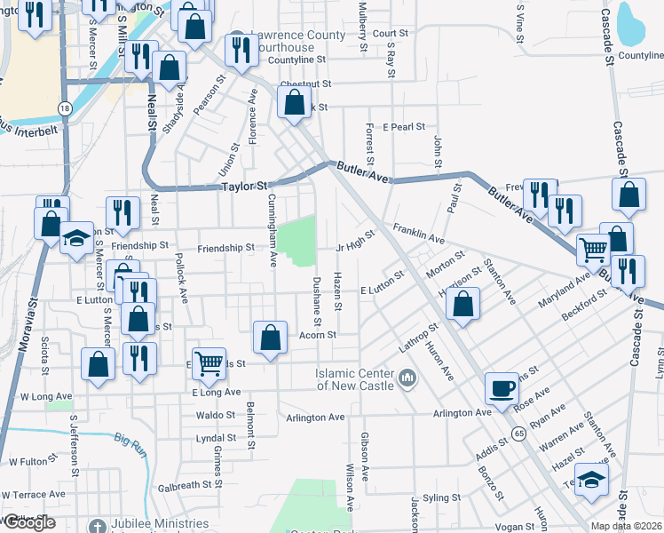 map of restaurants, bars, coffee shops, grocery stores, and more near 912 Hazen Street in New Castle