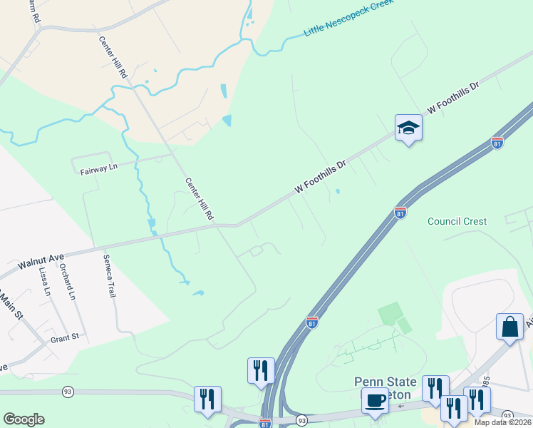 map of restaurants, bars, coffee shops, grocery stores, and more near West Foot Hills Road in Luzerne