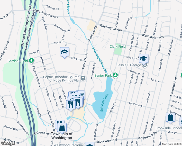 map of restaurants, bars, coffee shops, grocery stores, and more near 270 Woodfield Road in Township of Washington