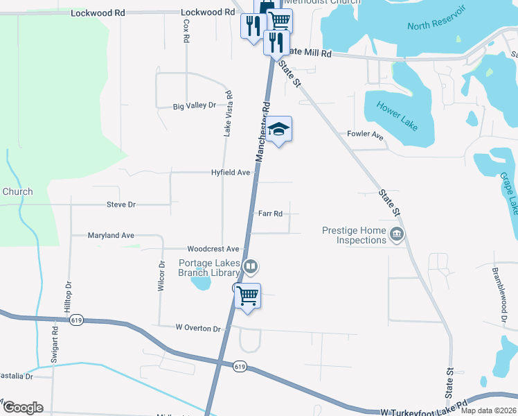 map of restaurants, bars, coffee shops, grocery stores, and more near 1009 Farr Road in Akron