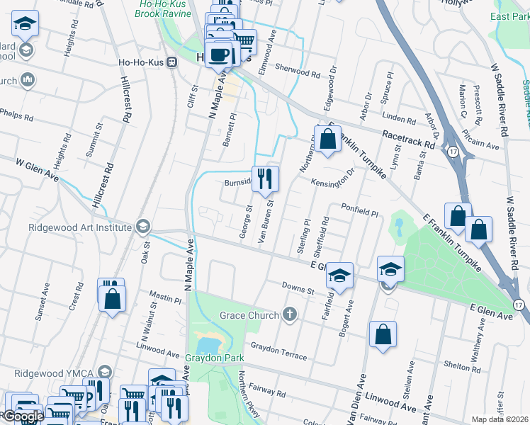 map of restaurants, bars, coffee shops, grocery stores, and more near 450 Van Buren Street in Ridgewood