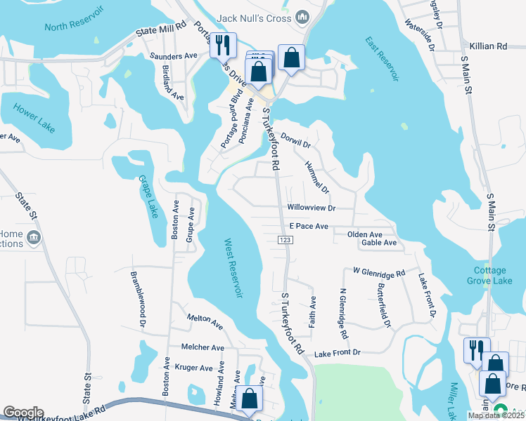 map of restaurants, bars, coffee shops, grocery stores, and more near 420 West Willowview Drive in Akron