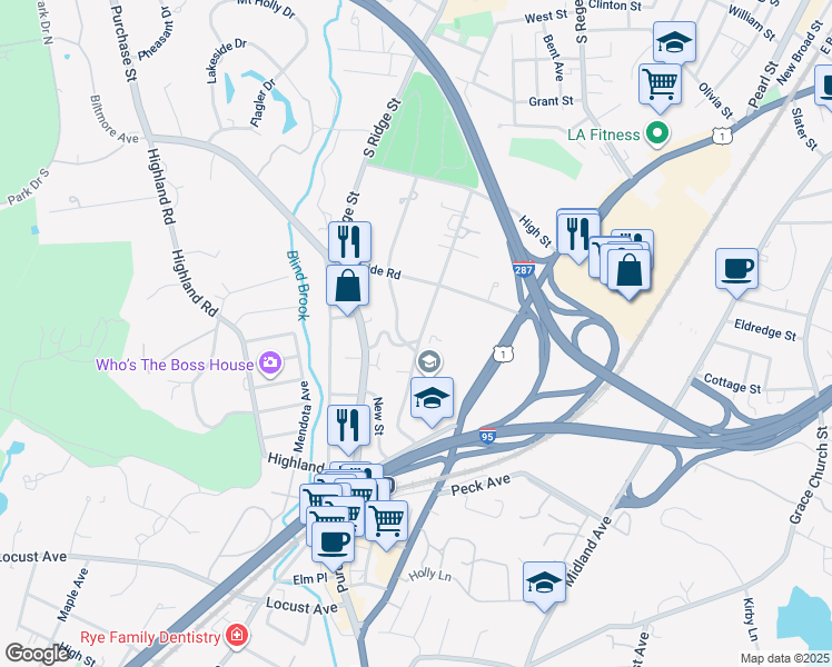 map of restaurants, bars, coffee shops, grocery stores, and more near 57 Grandview Avenue in Rye