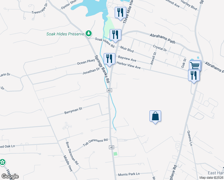 map of restaurants, bars, coffee shops, grocery stores, and more near 268 County Road 40 in East Hampton