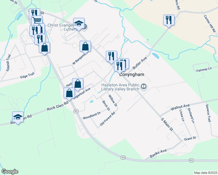 map of restaurants, bars, coffee shops, grocery stores, and more near Maple Avenue in Conyngham