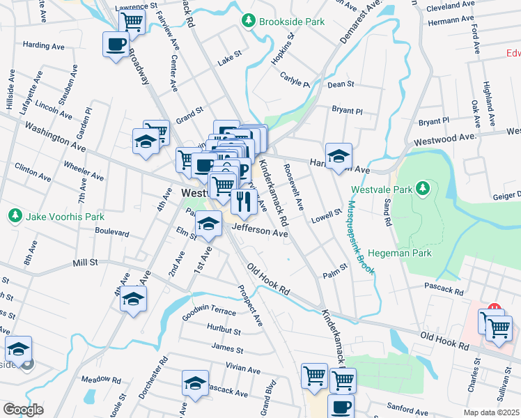 map of restaurants, bars, coffee shops, grocery stores, and more near 94 Fairview Avenue in Westwood
