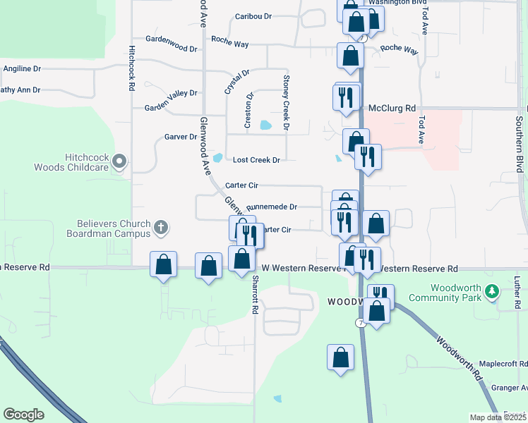 map of restaurants, bars, coffee shops, grocery stores, and more near 169 Runnemede Drive in Youngstown