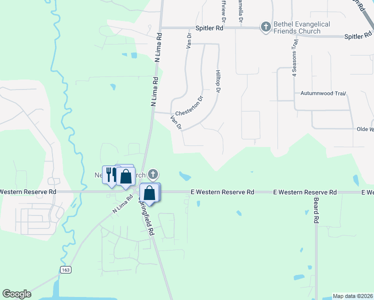 map of restaurants, bars, coffee shops, grocery stores, and more near 2439 Shepherds Ridge in Youngstown