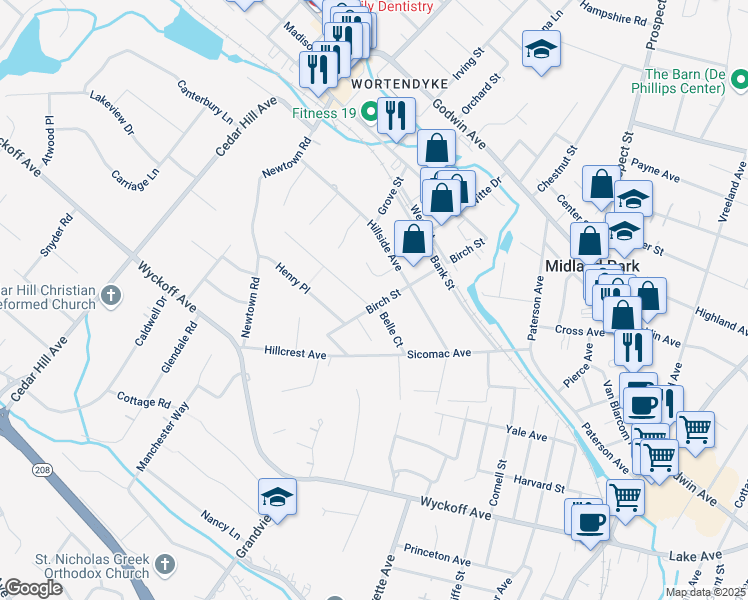 map of restaurants, bars, coffee shops, grocery stores, and more near 126 Birch Street in Midland Park